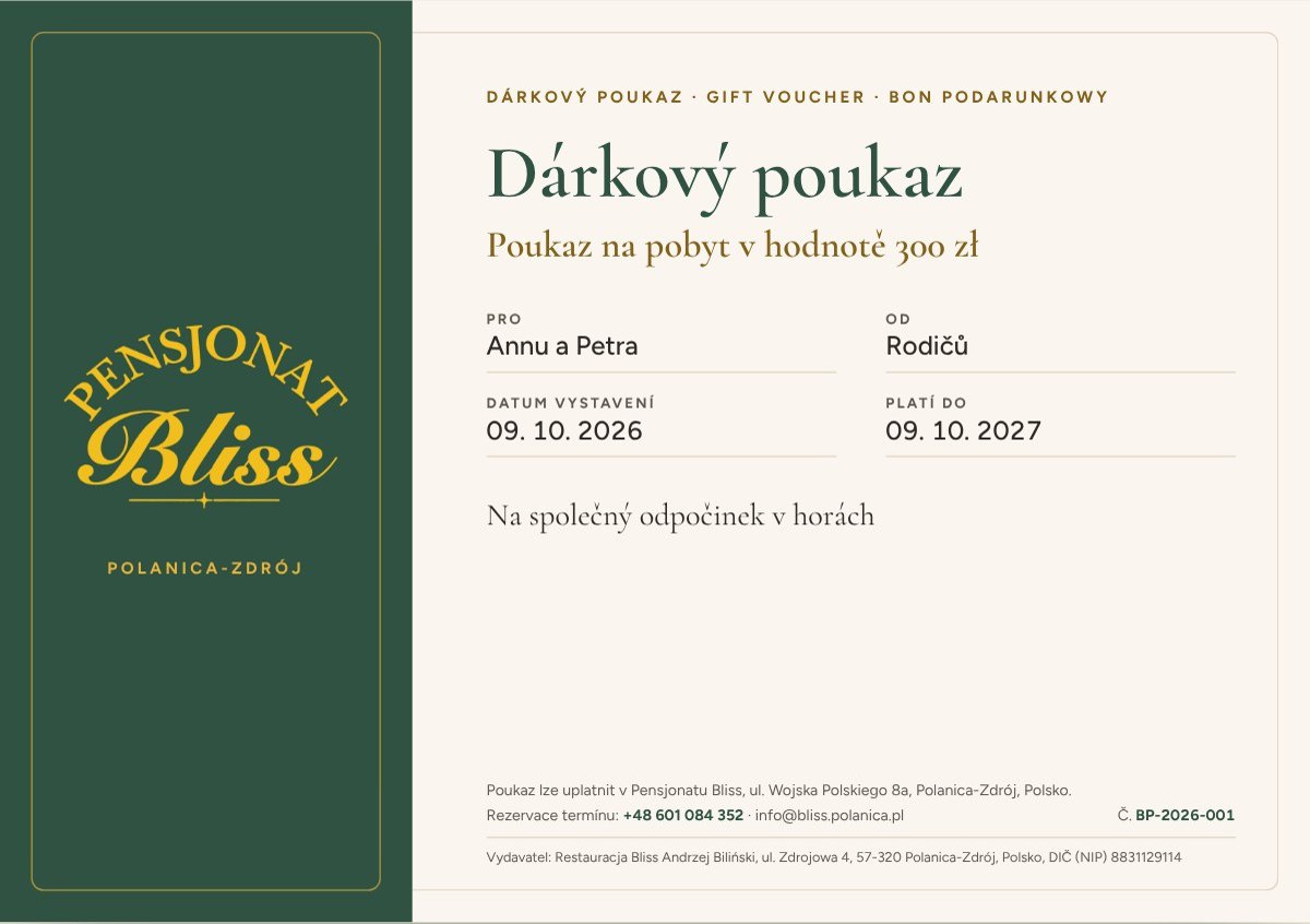 Vzor dárkového poukazu Pensjonatu Bliss