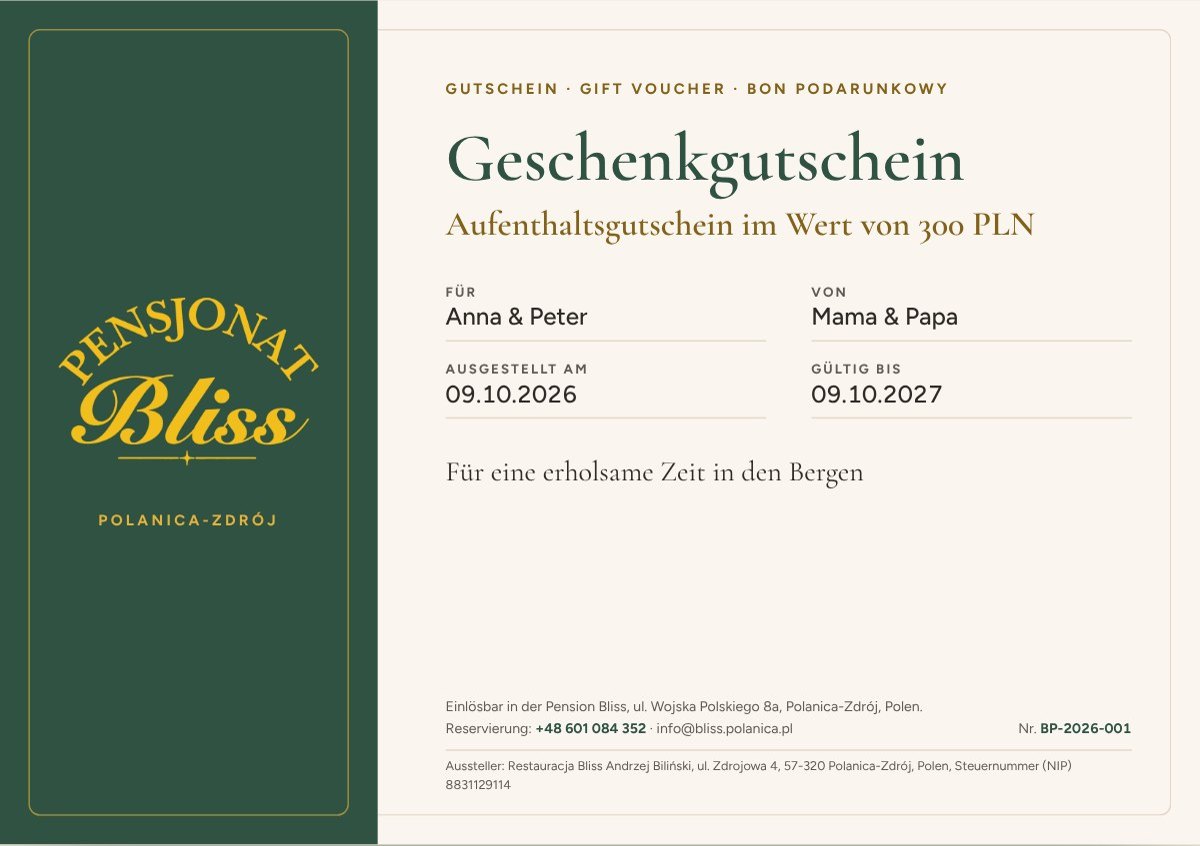 Gutscheinmuster der Pension Bliss