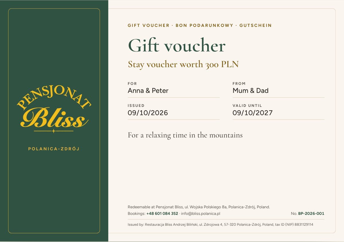 Pensjonat Bliss gift voucher design